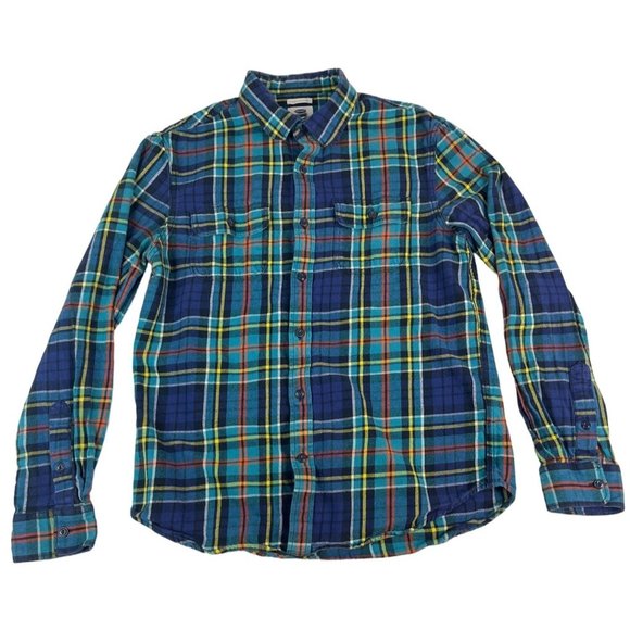 Old Navy Men's Button Down Shirt M Blue Orange Yellow Black Plaid 100% Cotton - Picture 1 of 5